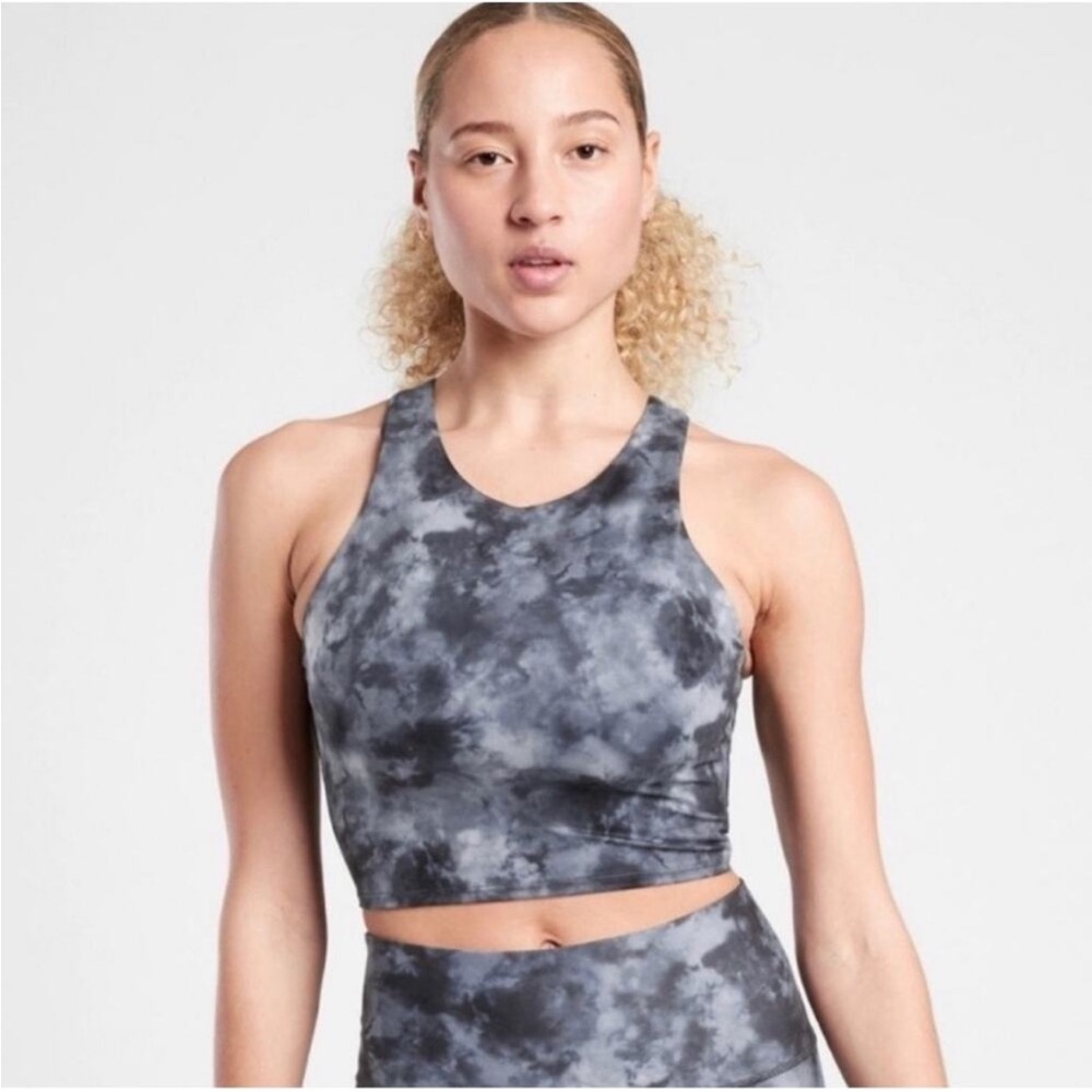 Athleta Conscious Cropped longer length sports bra in blue/gray tie dye. Size: S - Picture 11 of 11